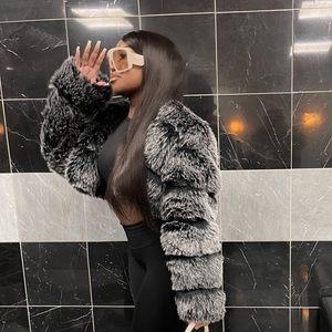 Grey and Black Fur Hooded Cropped Coat